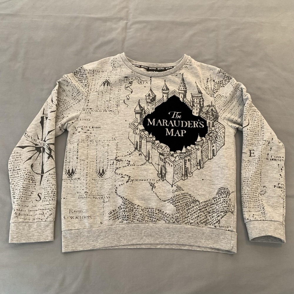 Harry Potter Marauder's Map Sweatshirt Men's Medium Gray Crewneck Pullover